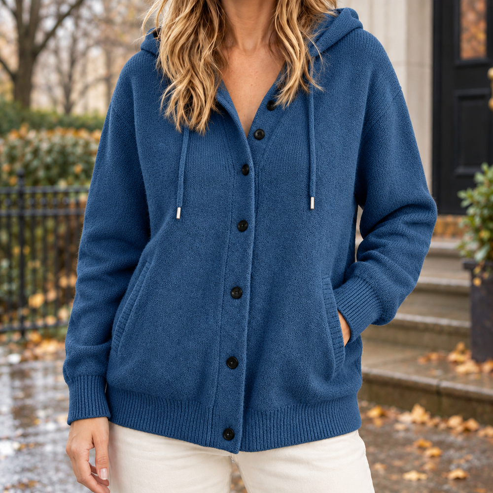 Women's Hooded Button-Front Cardigan - Navy Blue - on model