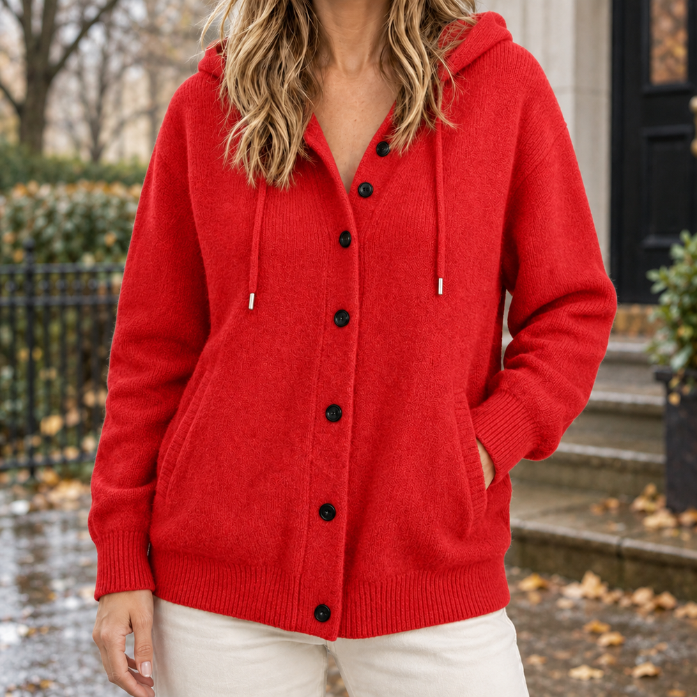 Women's Hooded Button-Front Cardigan - Red - on model