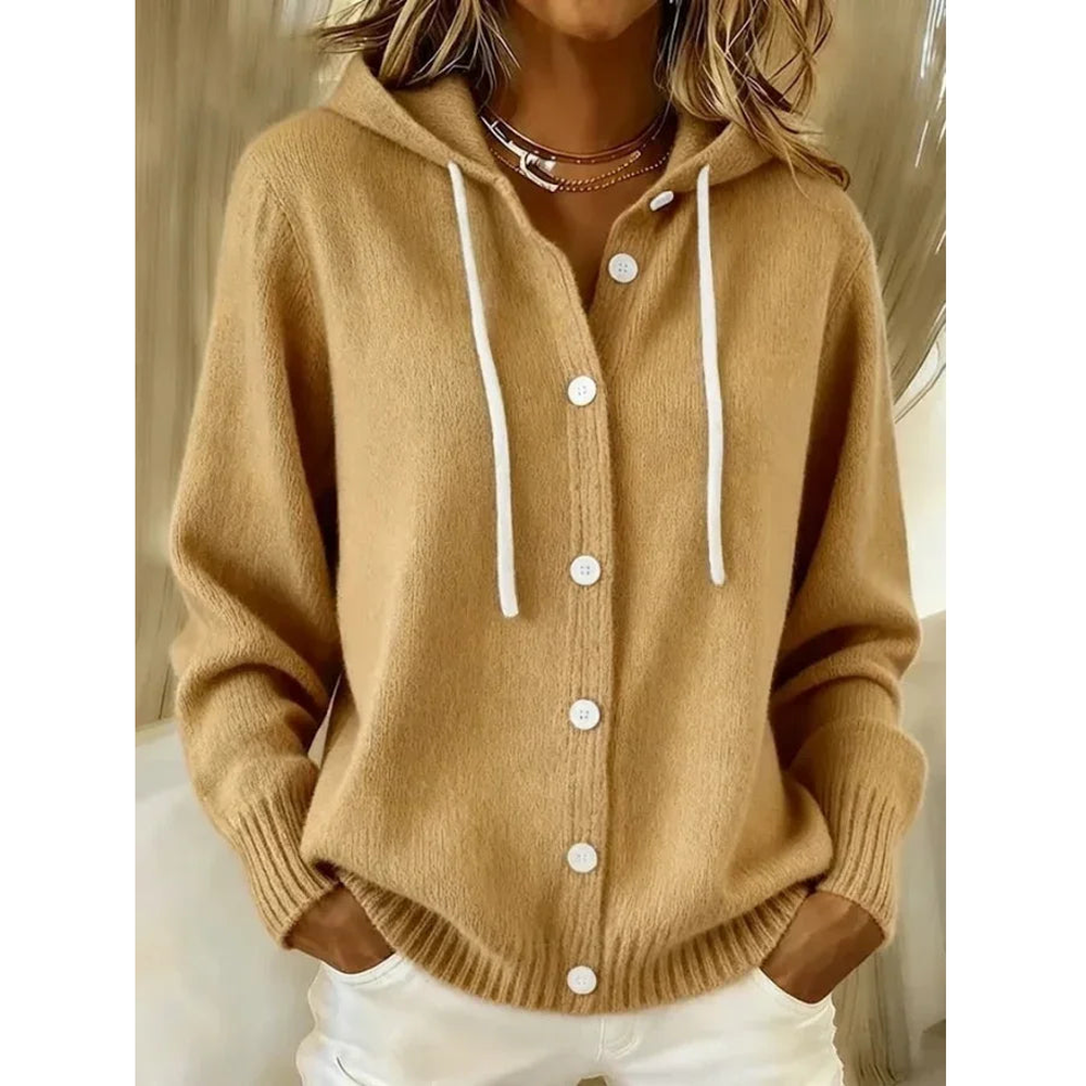 Women's Hooded Long Sleeve Cardigan - Khaki - on model
