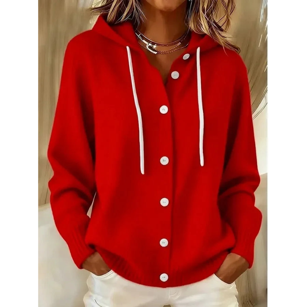 Women's Hooded Long Sleeve Cardigan - Red - on model