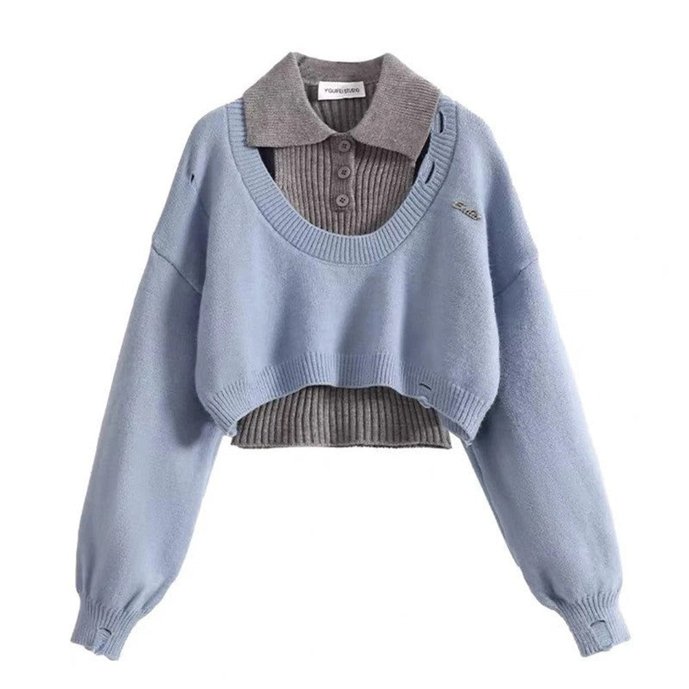 Women's Layered Knit Cropped Sweater - Blue