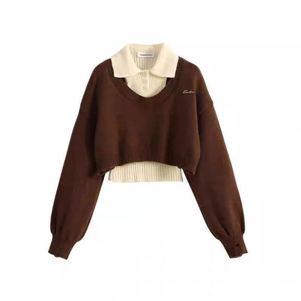 Women's Layered Knit Cropped Sweater - Brown