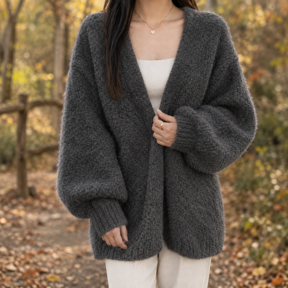 Women's Open Front Knit Cardigan in Gray, worn on model