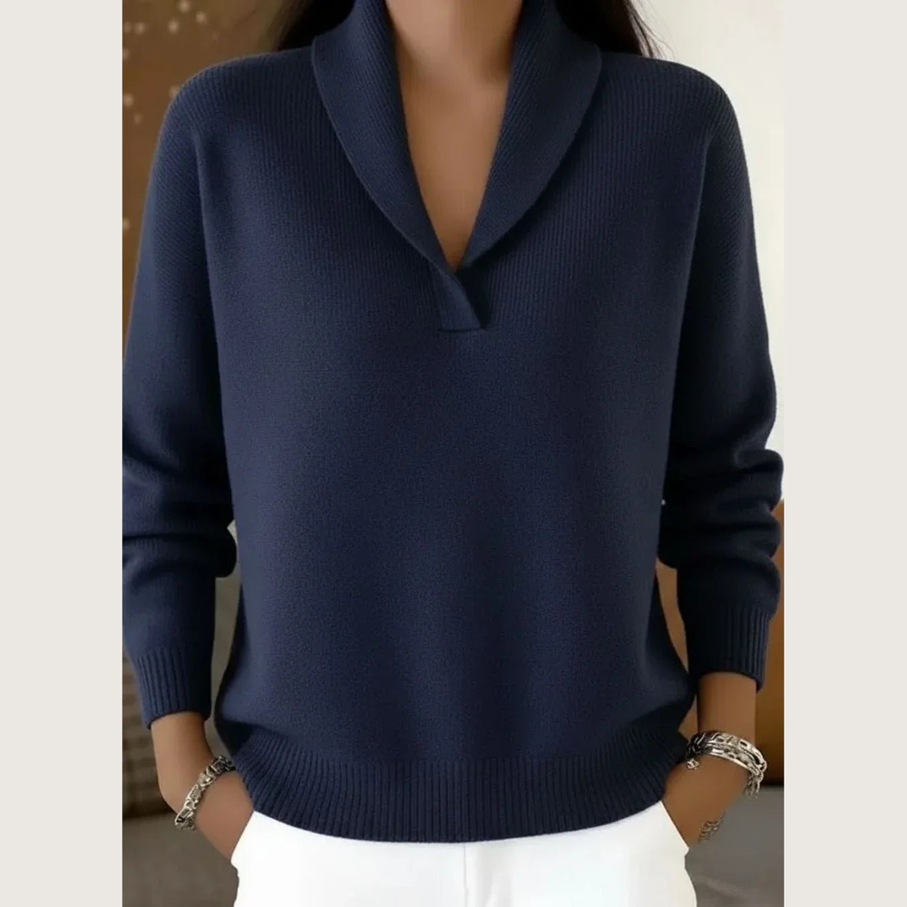 Women's Shawl Collar V-Neck Sweater - Blue - on model