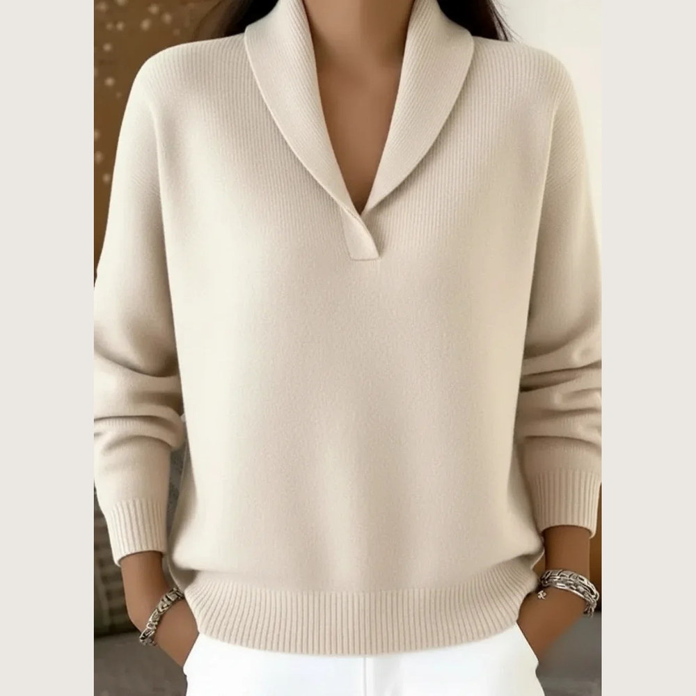 Women's Shawl Collar V-Neck Sweater - Cream - on model