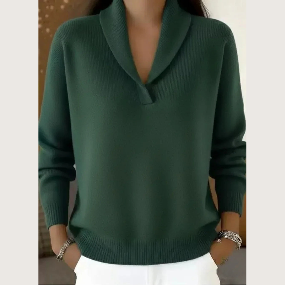 Women's Shawl Collar V-Neck Sweater - Green - on model