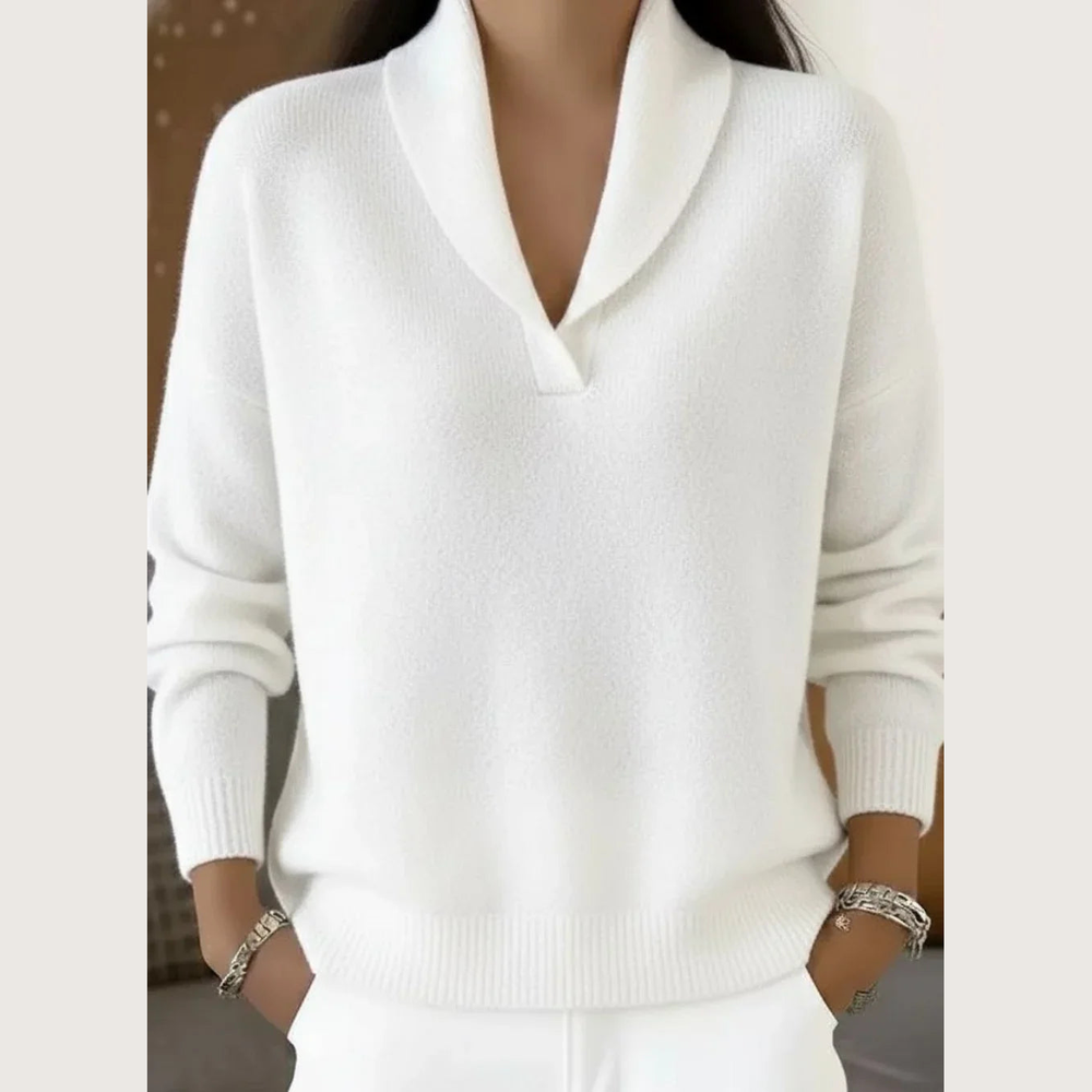 Women's Shawl Collar V-Neck Sweater - White - on model
