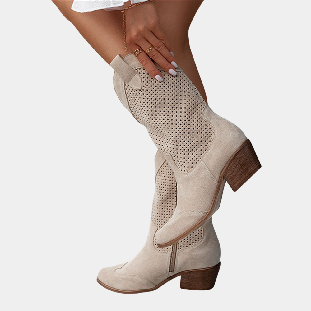 Women's Suede Cowboy Boots | Western Ankle Boots - Beige