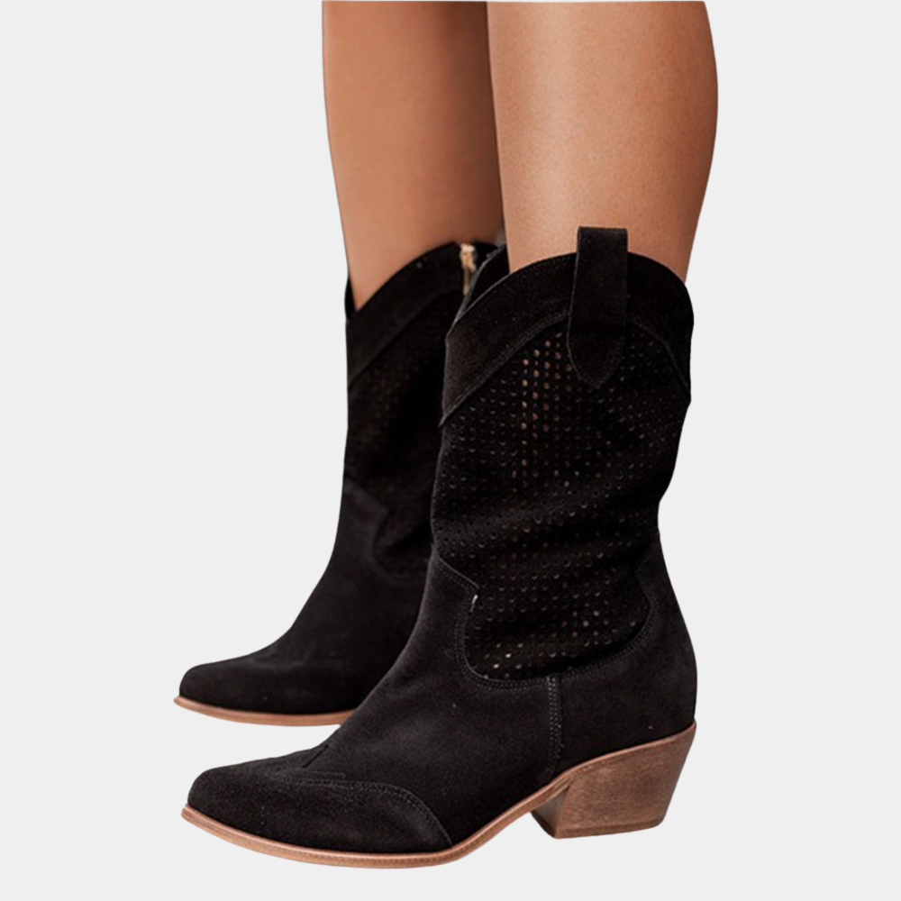 Women's Suede Cowboy Boots | Western Ankle Boots - Black