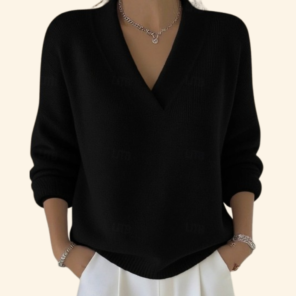 Women's V-Neck Long Sleeve Sweater - Black - on model