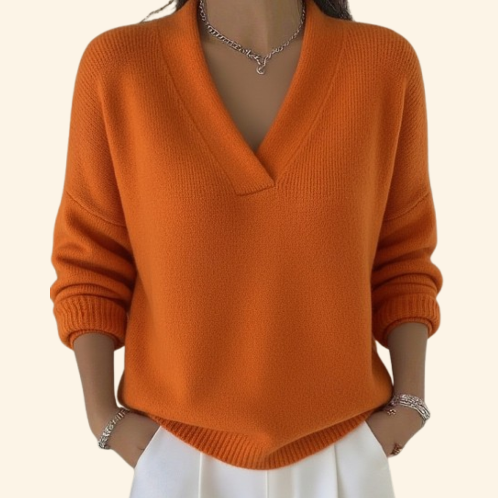 Women's V-Neck Long Sleeve Sweater - Orange - on model