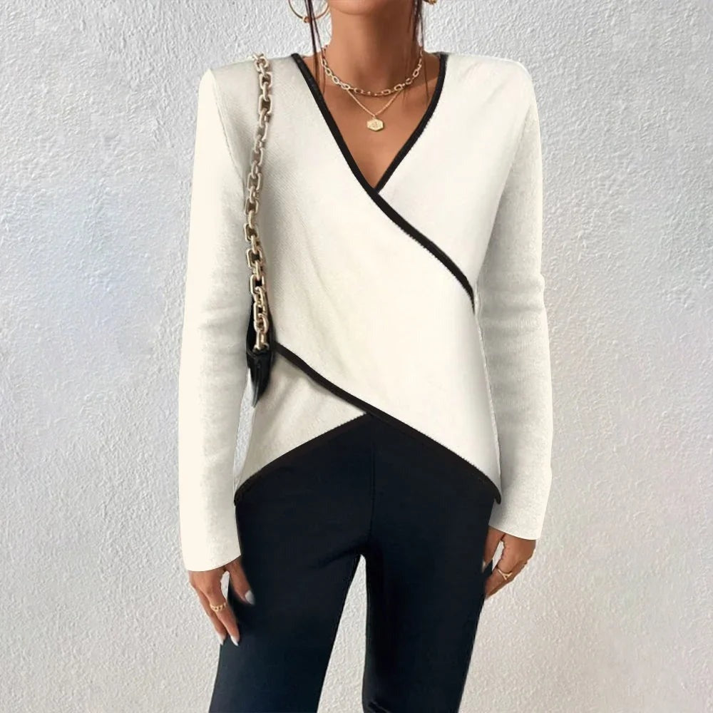 Women's White Wrap V-Neck Sweater - White - on model